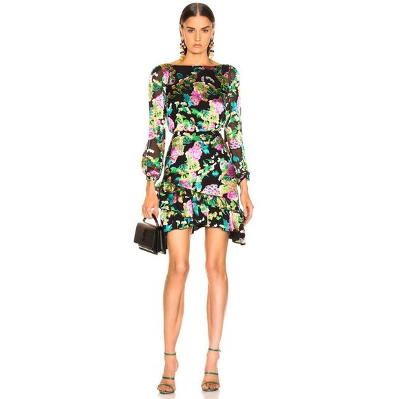 NWT Saloni Felicia Hydrangea Mini Dress Black Satin Multicolor Bold Floral US 4 - Picture 4 of 16
